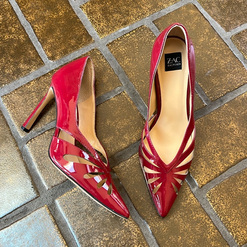 ZAC Zac Posen Yael Red Patent Leather Laser Cut Pointed Toe Stilettos
